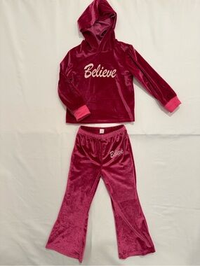 Girls Pink Velour Believe Hoodie & Flare Pants Set 5Y